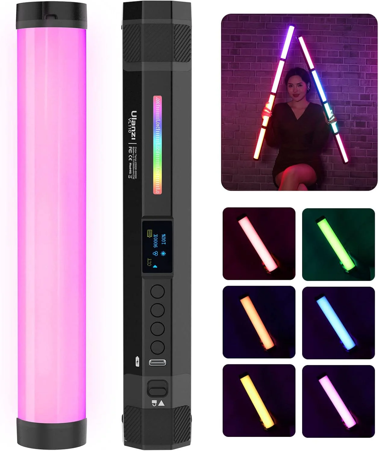 ULANZI VL110 - Varita de luz RGB, luz de mano LED para cámara tubo de video