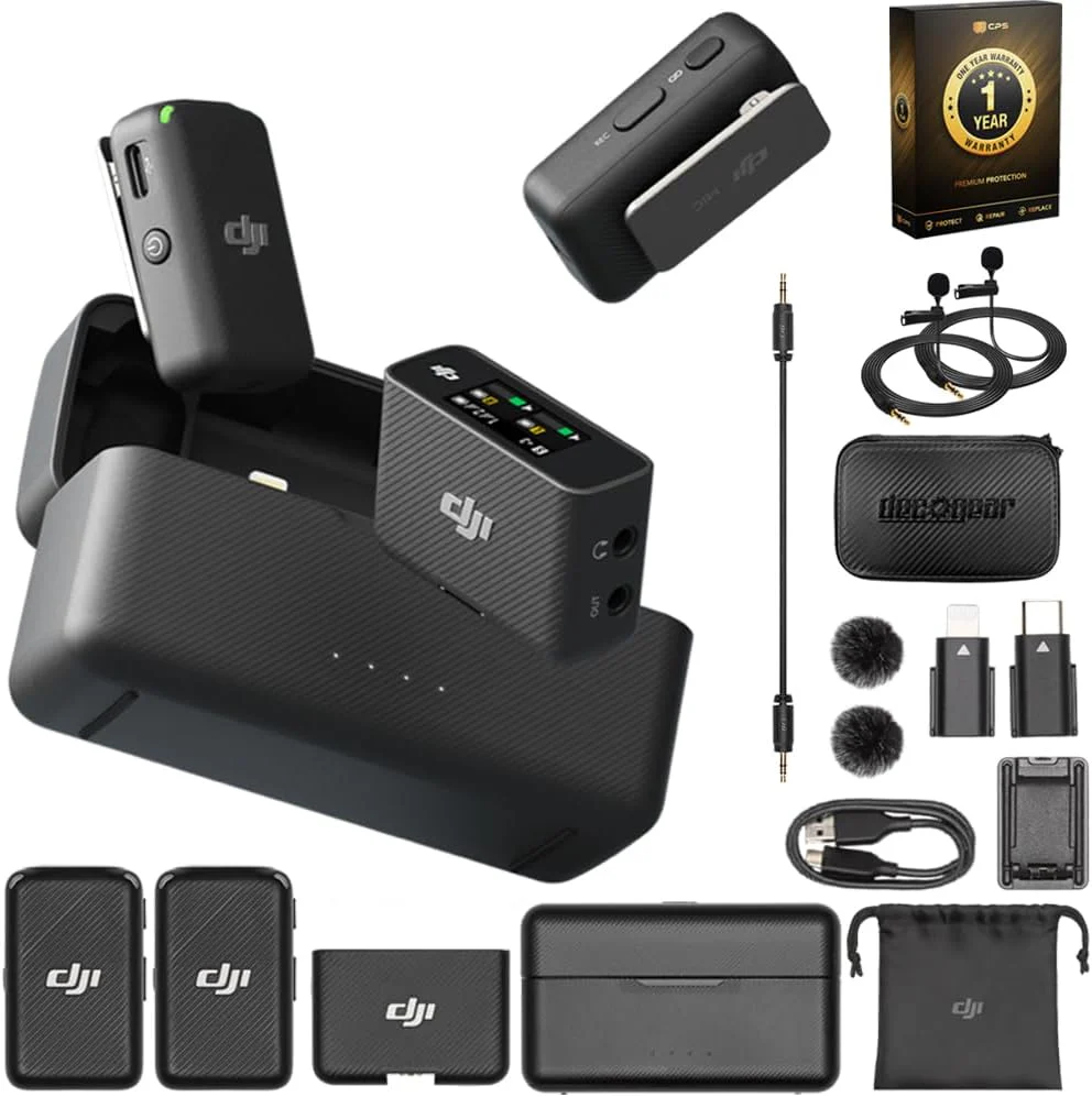 DJI Kit Micrófono Inalámbrico y Grabadora de Audio con 2 Micrófonos Lavalier, Estuche Rígido Deco Gear 7" y Protección CPS