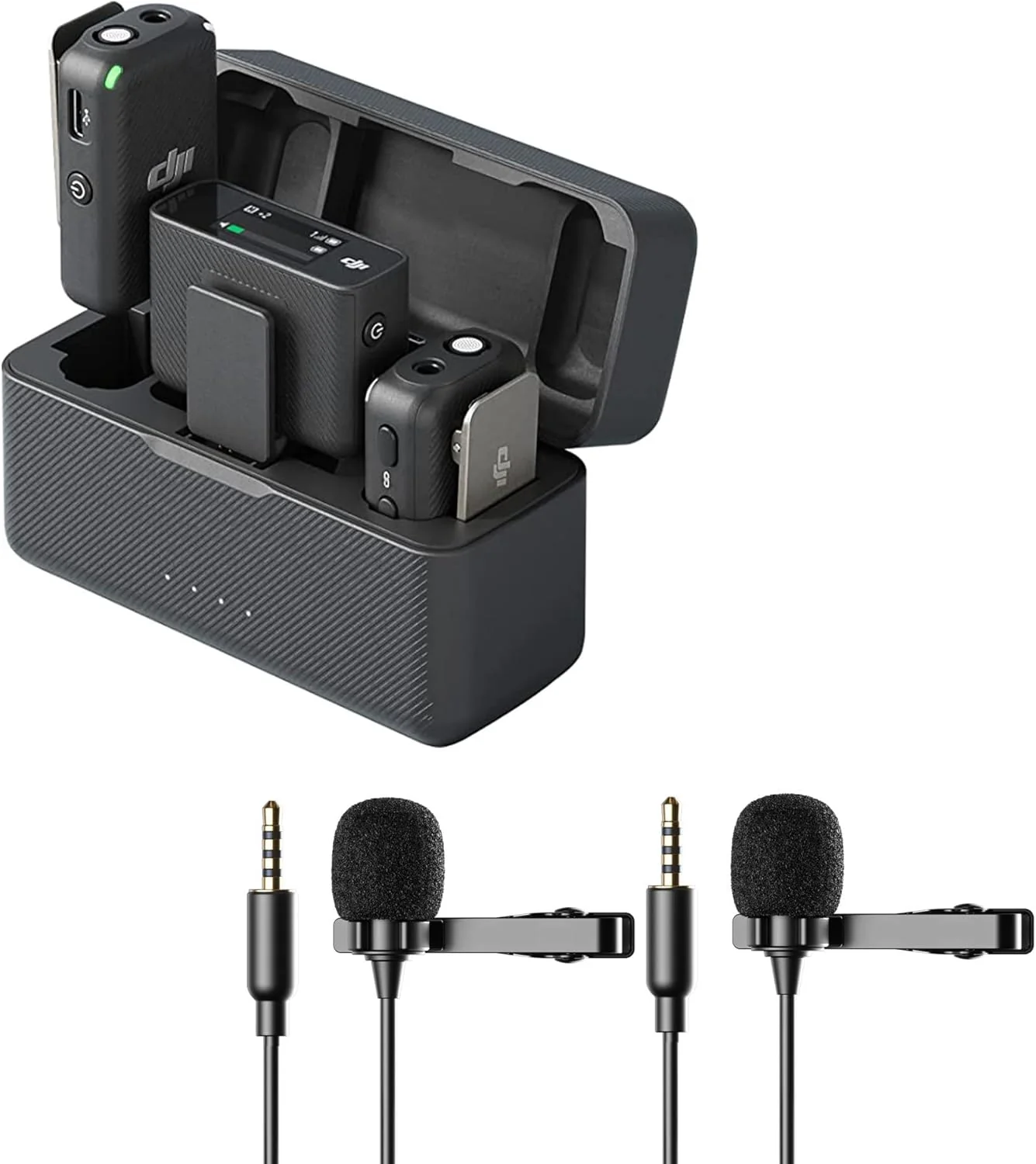 DJI Micrófono Inalámbrico Dual (2 Personas) con Pantalla Táctil OLED, Incluye 2 Micrófonos Lavalier Condensador