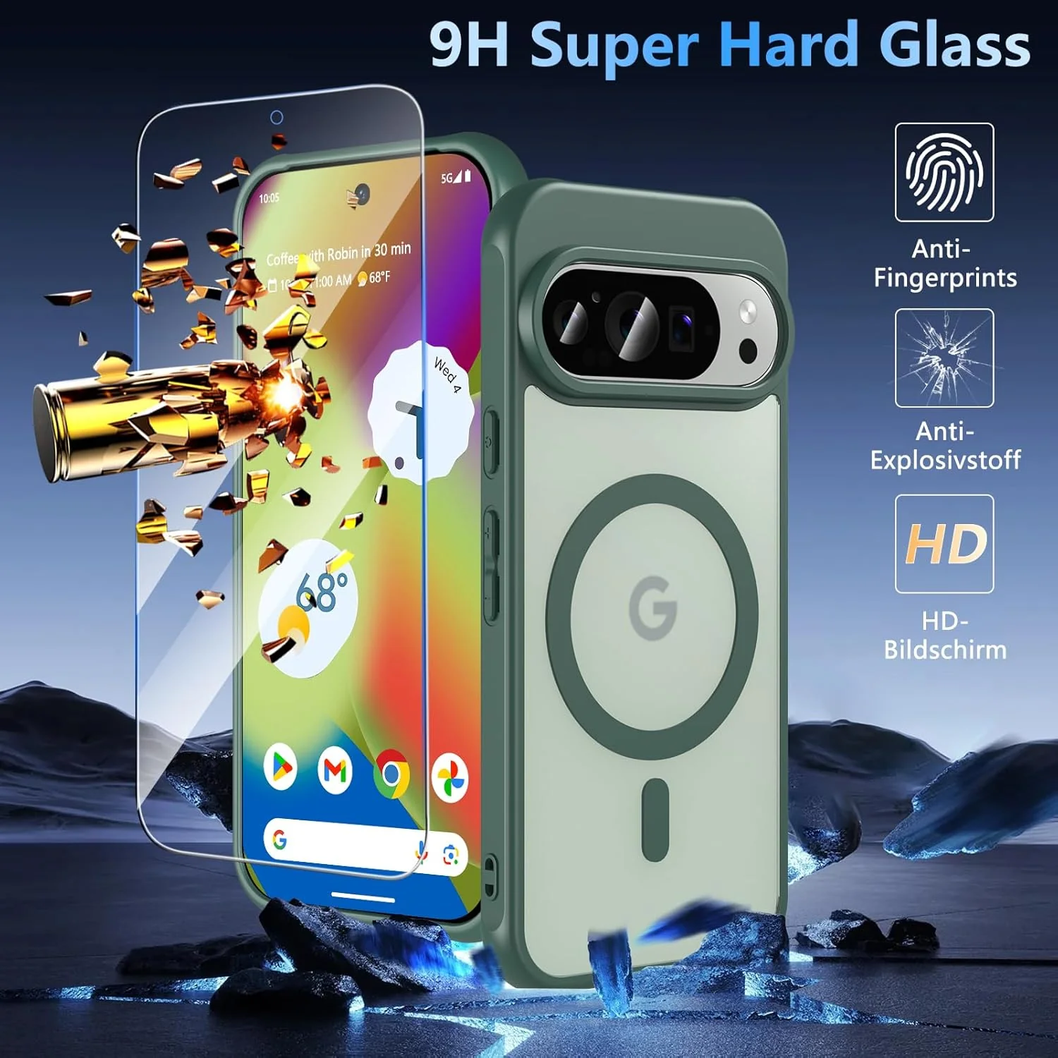 Funda para Google Pixel 10/10 Pro compatible con Magsafe con vidrio templado, [A prueba de golpes, militar], magnética, translúcida, delgada, protectora para Pixel 10/Pixel 10 Pro, verde - Image 3