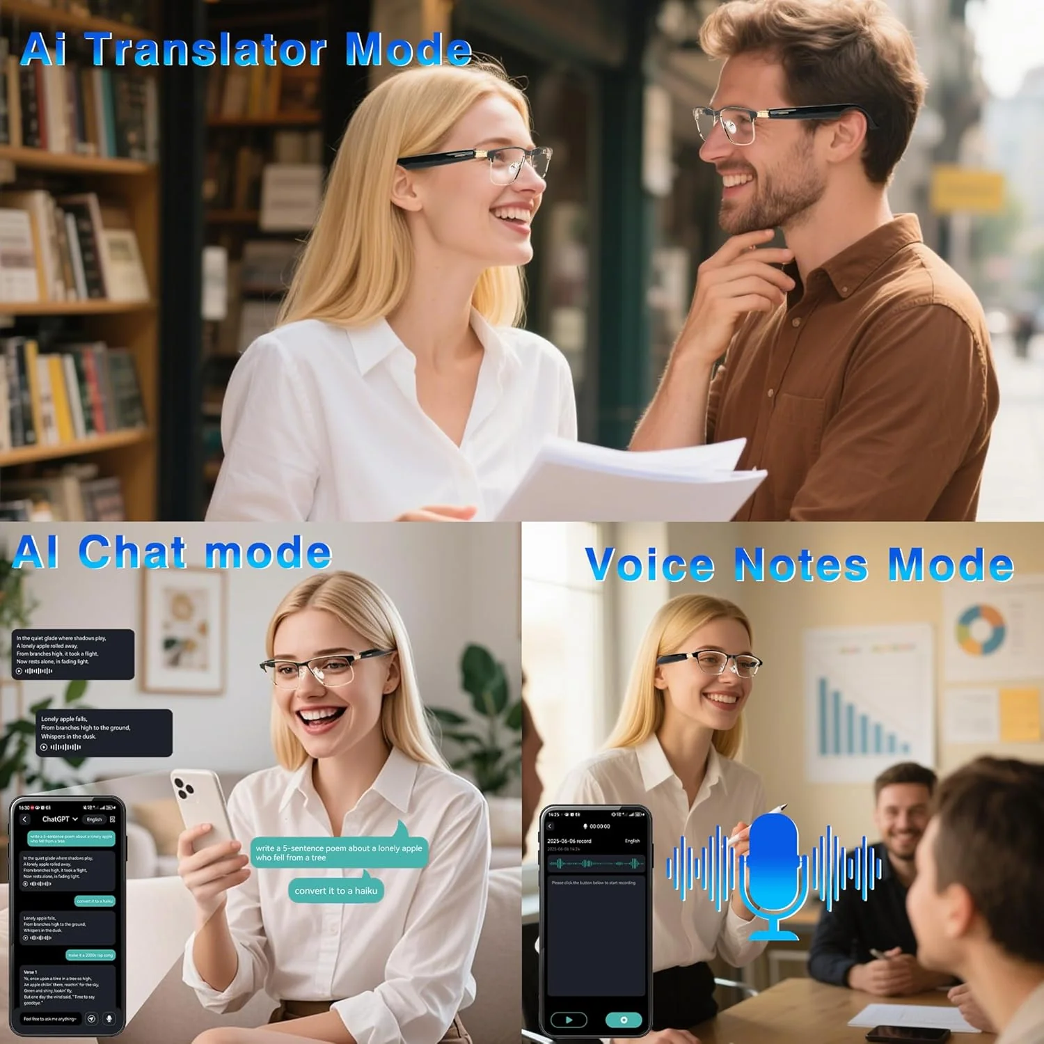 Lentes inteligentes con traducción de IA, chat, GPT y Bluetooth Deepspeek - Image 4