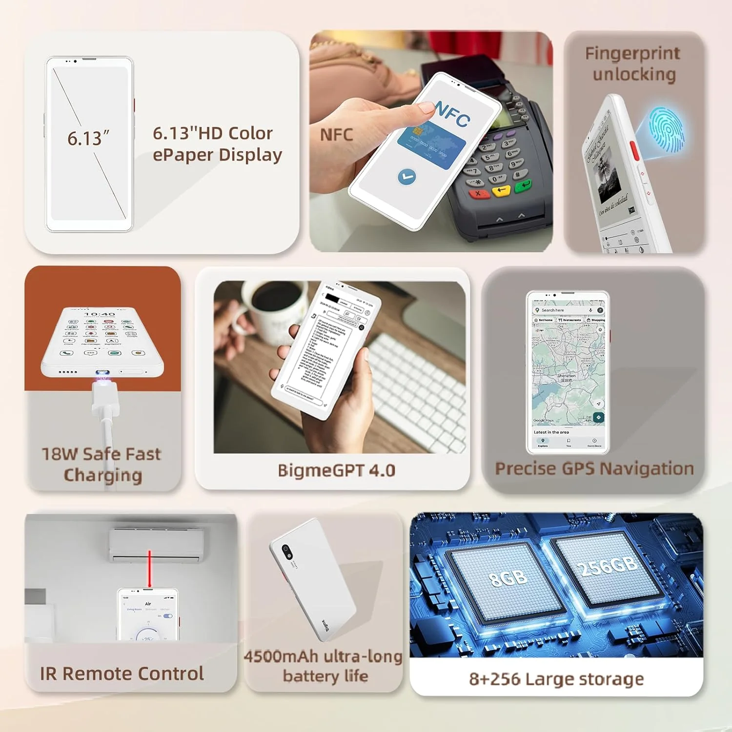 Hibreak Pro Color Epaper Phone, 8+256 GB 5G Smart Phone, Android 14 OS Ebook Reader, White (White) (Copy) - Image 3