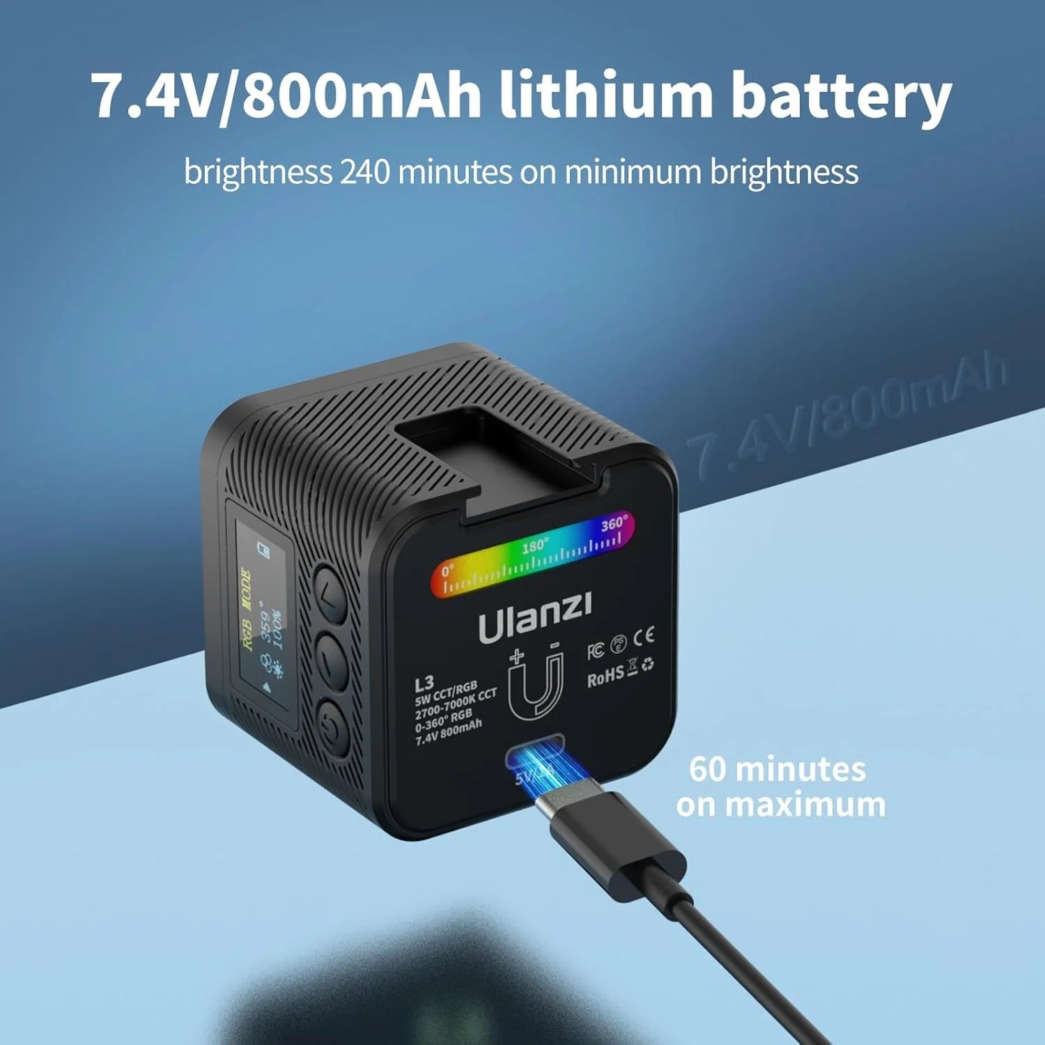 ULANZI L3-  Luz de video LED RGB, kit de iluminación magnética para cámara 2700K-7000K - Mini cubo - Image 8