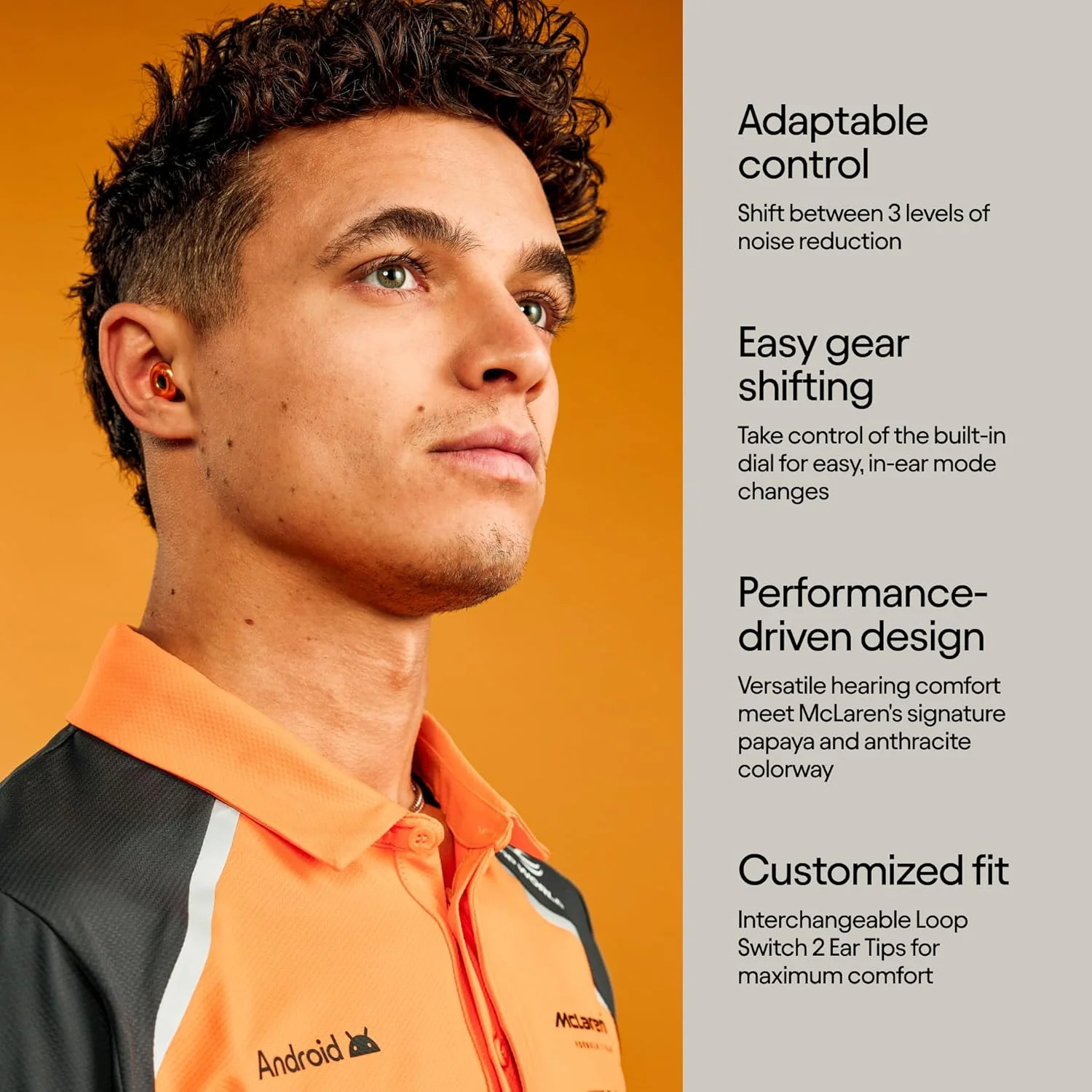 McLaren Formula 1 Team x Loop Switch 2 tapones para los oídos ajustables – 3 modos para un control definitivo | Reducción de ruido flexible para enfoque, deportes de motor, viajes y más | Reducción de ruido de 20-26 dB (SNR) - Image 2