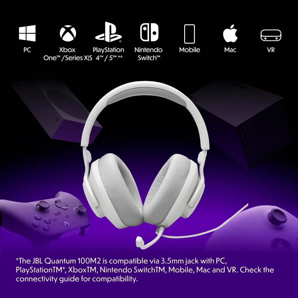 Quantum 100M2 - Wired Over-Ear Gaming Headset with Omnidirectional, Detachable Mic with Mute Option and Fabric-Covered Memory Foam Ear Cushions, Compatible with All Platforms (White) - Image 2