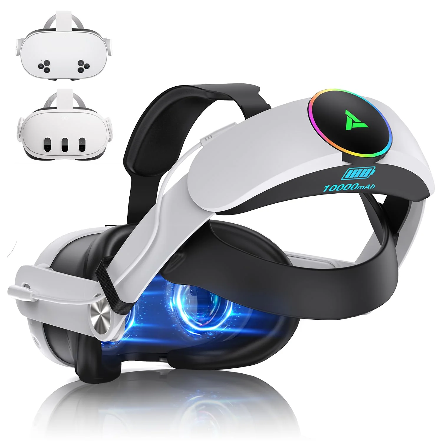 Auriculares VR RGB para Oculus/Meta Quest 3/3S, correa para la cabeza con batería de 10 000 mAh, correa Elite recargable que extiende el tiempo de reproducción de 4 a 6 horas y es ajustable para auriculares VR compatibles con accesorios Quest 3/3S.